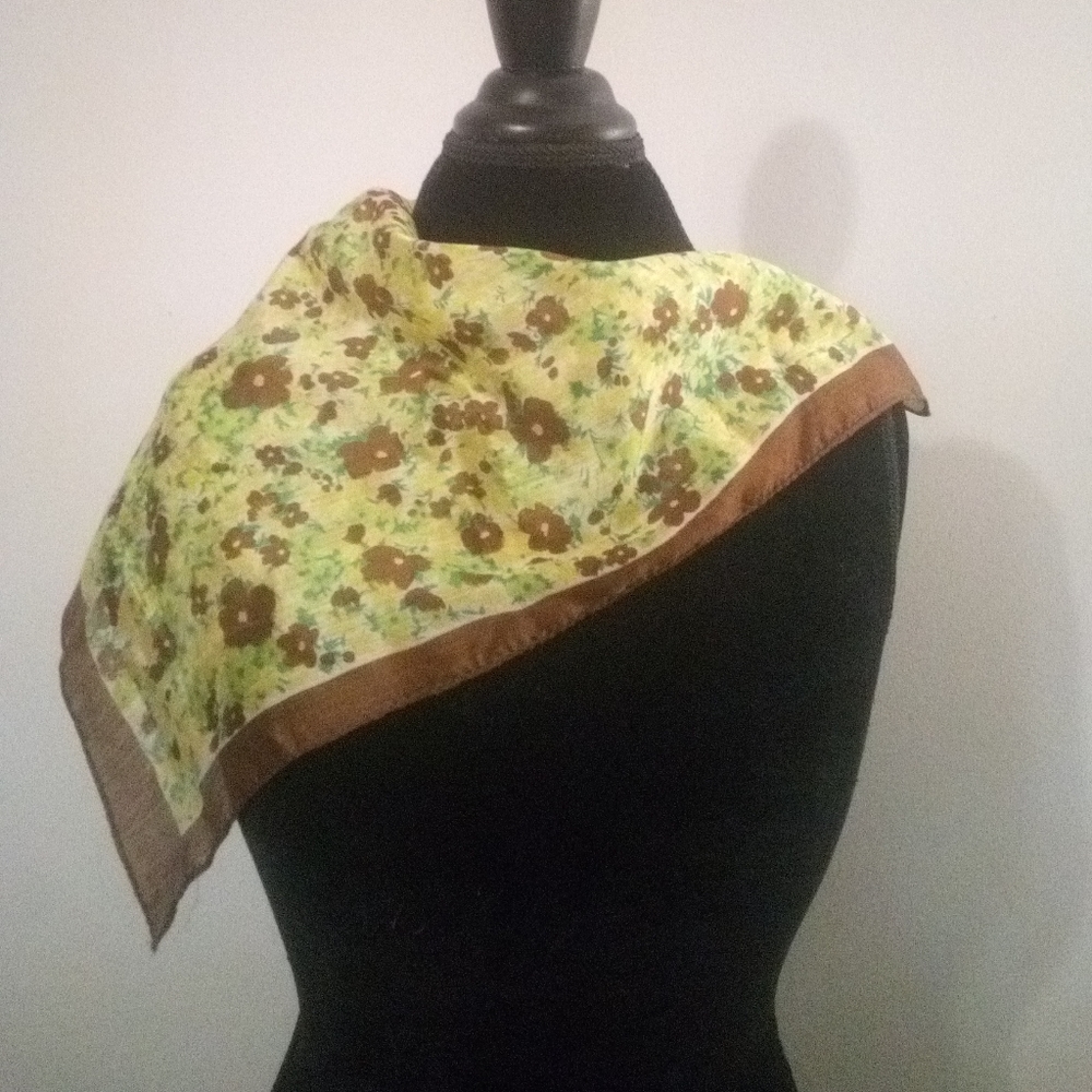 Vintage Japan Scarf Semi Sheer Square GUC Brown Yellow